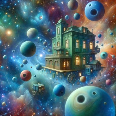 The primary subject of the image is a large, colorful house with many windows and a clock tower. The house is situated in a vibrant, space-themed environment, surrounded by various celestial objects such as planets, stars, and a moon. The visual style of the image is a combination of digital art and illustration, creating a whimsical and imaginative atmosphere. The colors and mood of the image are predominantly bright and lively, with a sense of wonder and adventure.